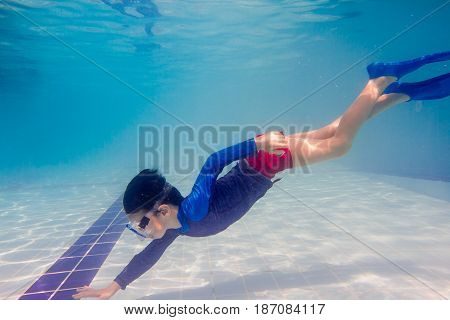 Underwater Young child Fun in the Swimming Pool with Goggles. Summer Fun.