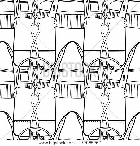 Fashion women handbag for coloring book. Black and white seamless pattern of stylish accessories. Vector illustration