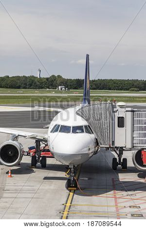 Lufthansa Airbus Is Rady For Boarding  At The New Terminal In Hamburg