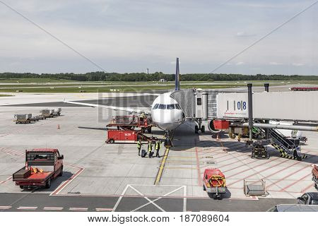 Lufthansa Airbus Is Rady For Boarding  At The New Terminal In Hamburg