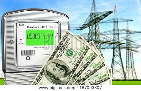 Electric meter with dollars. The concept of economy. 3d illustration.