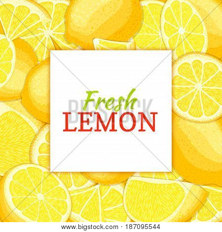 square white label on citrus leme background. Vector card illustration. Tropical fresh and juicy yellow lime frame peeled piece of half slice for design of food packaging juice breakfast