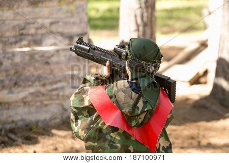 Gomel, Belarus - May 15, 2017: Children And Adults Play The Collective Game Lasertag In The Open Air