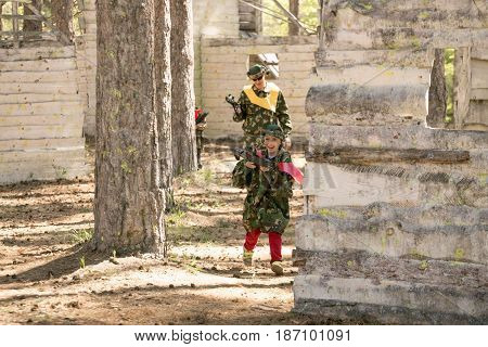 Gomel, Belarus - May 15, 2017: Children And Adults Play The Collective Game Lasertag In The Open Air