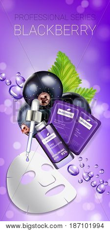 Blackcurrant skin care mask ads. Vector Illustration with blackcurrant smoothing mask and serum. Vertical banner.