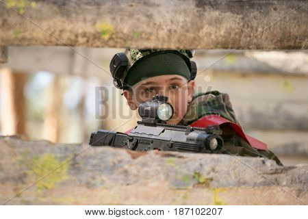 Gomel, Belarus - May 15, 2017: Children And Adults Play The Collective Game Lasertag In The Open Air