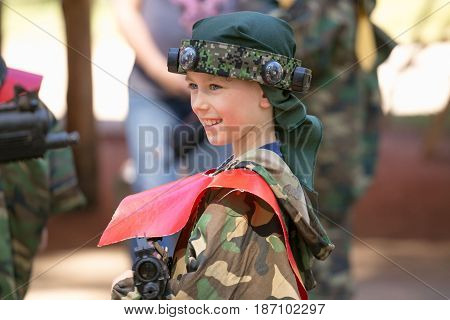 Gomel, Belarus - May 15, 2017: Children And Adults Play The Collective Game Lasertag In The Open Air