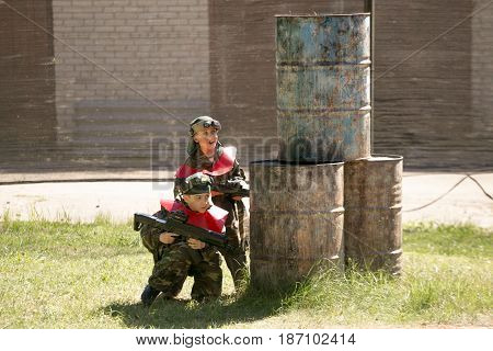 Gomel, Belarus - May 15, 2017: Children And Adults Play The Collective Game Lasertag In The Open Air