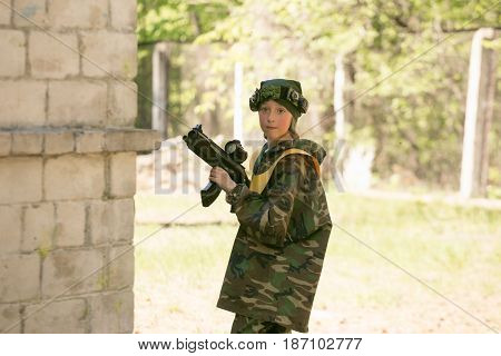 Gomel, Belarus - May 15, 2017: Children And Adults Play The Collective Game Lasertag In The Open Air