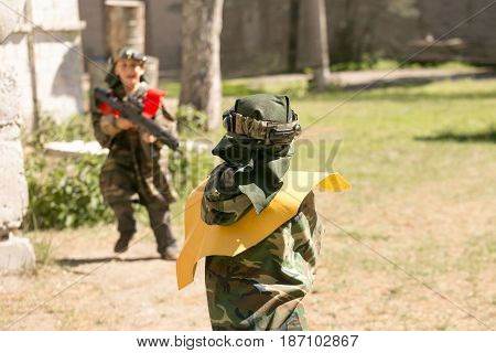 Gomel, Belarus - May 15, 2017: Children And Adults Play The Collective Game Lasertag In The Open Air