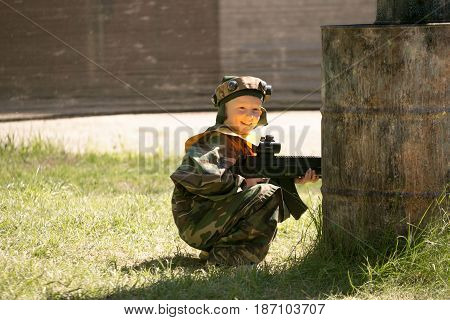 Gomel, Belarus - May 15, 2017: Children And Adults Play The Collective Game Lasertag In The Open Air