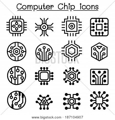 Computer Chips and Electronic Circuit icons in thin line style