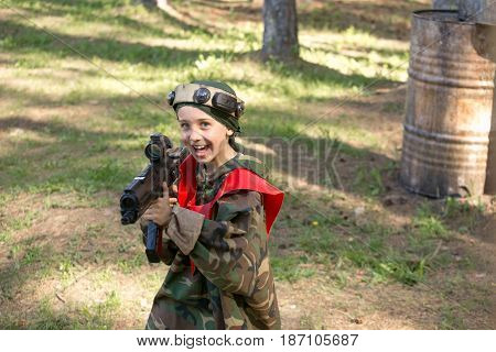 Gomel, Belarus - May 15, 2017: Children And Adults Play The Collective Game Lasertag In The Open Air