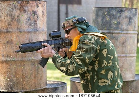 Gomel, Belarus - May 15, 2017: Children And Adults Play The Collective Game Lasertag In The Open Air