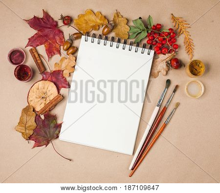 Аutumn Fall Artist Workspace. Flat Lay Composition. Top View.