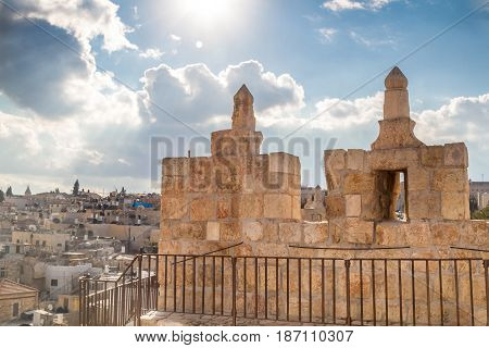 The Damascus gate or Shechem Gate crenellated parapet of the Damascus gate inside the tower above the gate in Old City of Jerusalem Israel