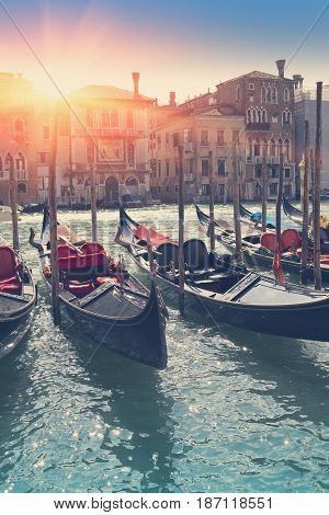 Canal with gondolas Venice Italy. Retro effect
