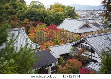 Scenic Top View Of Enkoji Temple And North Kyoto City Skyline During Autumn