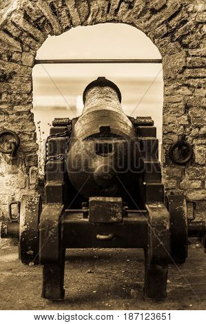 Fort Christiansoe naval fortress near island Bornholm in the Baltic Sea Denmark Scandinavia Europe. Detail view of cannon