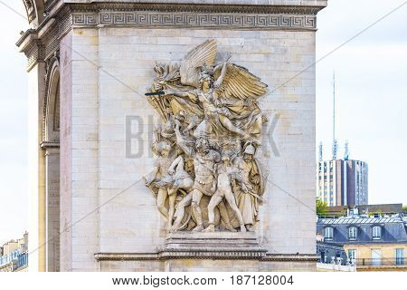 Paris France - May 1 2017: Detail of low relief art on the Arc de Triomphe on May 1 2017 at Paris France.