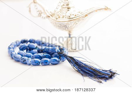 Blue Islamic Rosary with silver Aladdin lamp