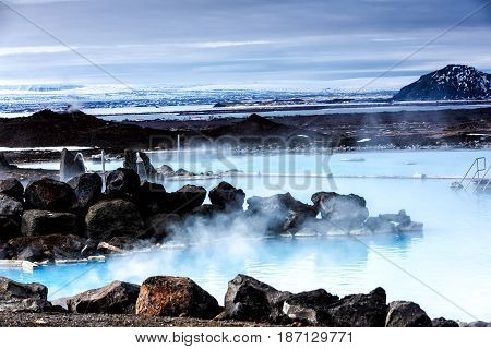 View Of The Myvatn Naturebaths, A Geothermal Hot Lagoon In Northeast Iceland
