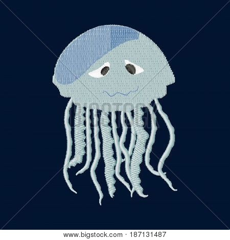 Jellyfish patch embroidery, vector illustration of sea animal, cute character of uderwater life, decorative element for baby, children clothes, things.