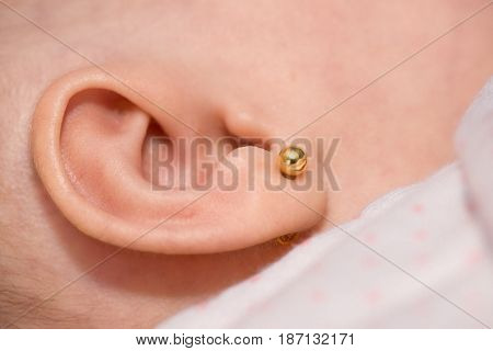 Gold small earring in a newborn ear