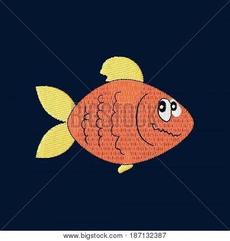 Cartoon fish patch embroidery, vector illustration of sea animal, cute character of uderwater life, decorative element for baby, children clothes, things.