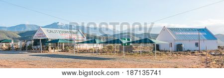 CALITZDORP SOUTH AFRICA - MARCH 25 2017: Panorama of a fruit stall in Calitzdorp a small town in the Western Cape Province