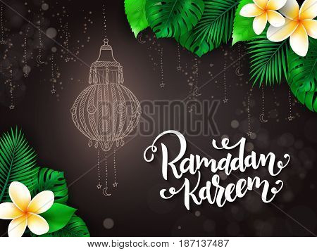 vector illustration of hand lettering greetings text - ramadan kareem with plumeria flower, aralia leaves, shining lights and flashlight.