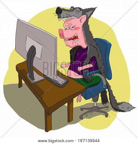 Vector illustration of an embittered pig in a wolf skin sitting at a computer desk