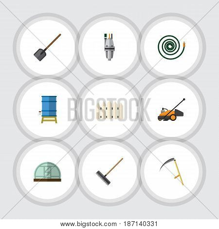 Flat Dacha Set Of Pump, Cutter, Container And Other Vector Objects. Also Includes Scythe, Harrow, Equipment Elements.