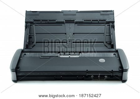 Compact document scanner isolated on white background.