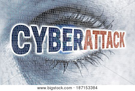 Cyberattack eye with matrix looks at viewer concept.