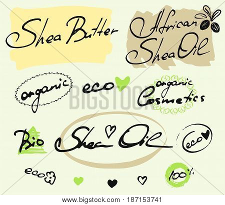 Set with hand drawn elements, words Shea Oil, eco, organic cosmetics, bio on white background