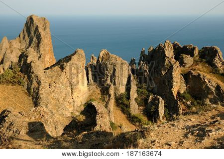 Majestic Karadag - volcanic mountain range in Eastern Crimea on a Black Sea shore.
