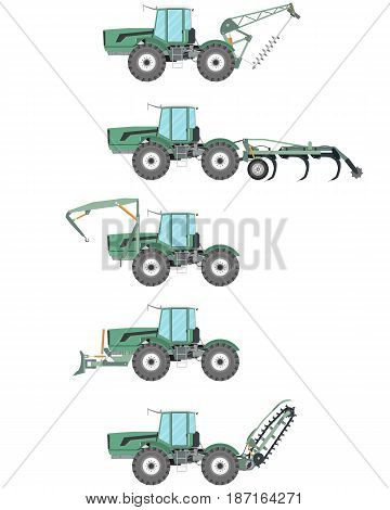 A set of attachments for tractors in construction and agriculture on a white background. Vector illustration