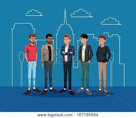 gropu men people with city landscape vector illustration