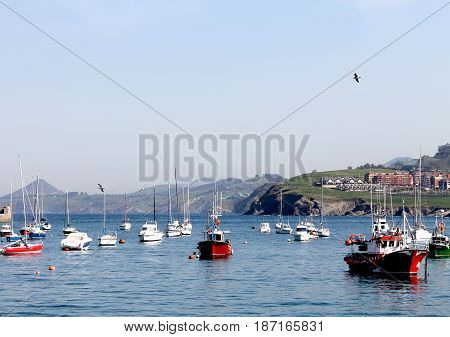 Several boats on the sea with mountains background