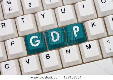 Research GDP on the internet A close-up of a keyboard with teal highlighted text GDP 3D Illustration
