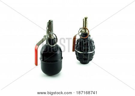 Offensive and defensive hand grenade isolated on white. Training moulage of grenades.