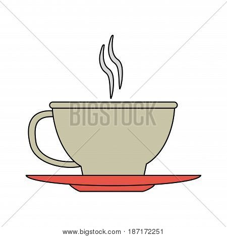 color image cartoon cup of coffee with steam on dish crockery vector illustration
