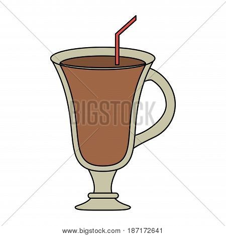 color image cartoon glass cup of cappucino with straw vector illustration