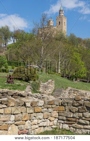 VELIKO TARNOVO, BULGARIA - 9 APRIL 2017: Ruins of The capital city of the Second Bulgarian Empire medieval stronghold Tsarevets, Veliko Tarnovo, Bulgaria
