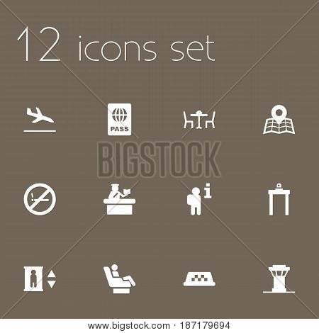 Set Of 12 Land Icons Set.Collection Of Air Traffic Controller, Letdown, Cab And Other Elements.