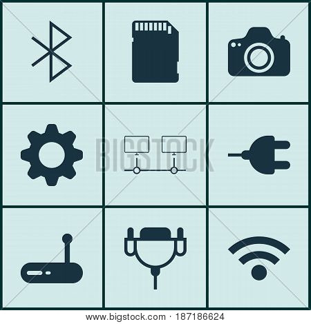 Set Of 9 Computer Hardware Icons. Includes Camera, Wireless, Connected Devices And Other Symbols. Beautiful Design Elements.
