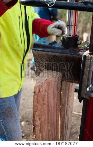 Hydraulic Fire Wood Splitter At Tractor Machine In Forest
