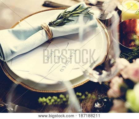 Elegant Restaurant Table Setting Service for Reception with Reserved Card