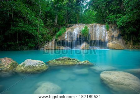 Waterfall in forest at Erawan waterfall National Park Kanchanaburi Thailand